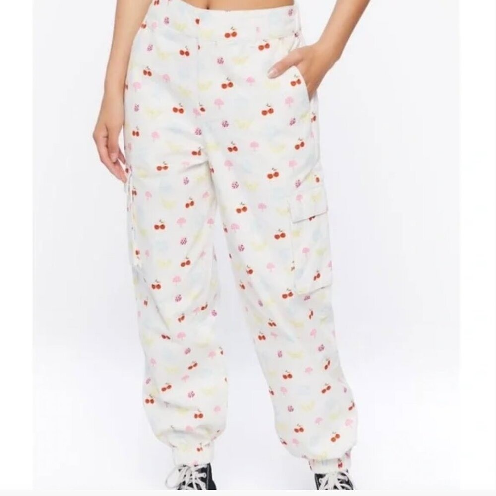 NWT Forever 21 White Cherry Mushroom Print Cargo Pants Y2K Joggers Size XS